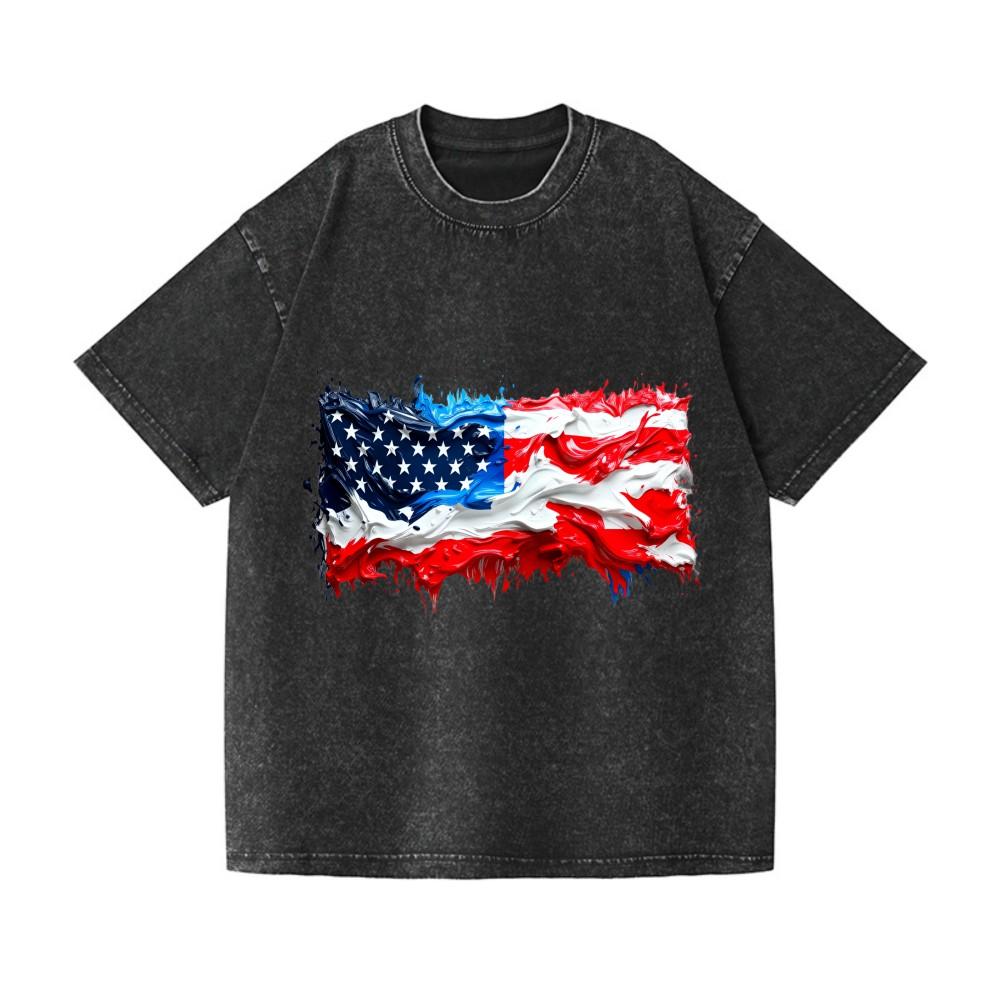 Patriotic USA Flag Paint Art Vintage Washed T-Shirt Unisex Casual Cotton Tee S