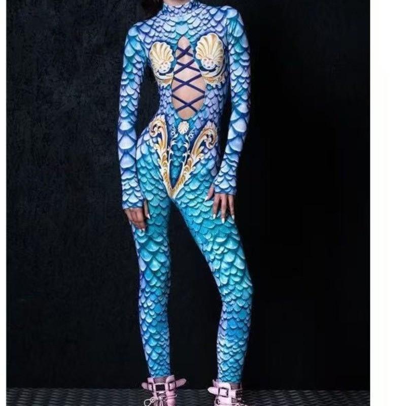 Women Hollow Out Mermaid Fish Scale Shell 3D Digital Printing Halloween Cosplay Costume Adults Carnival Party Dance Dress Up Jumpsuit