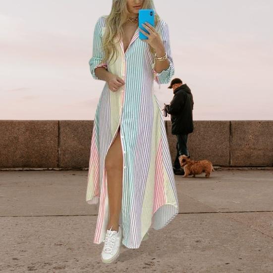 Lapel Long Sleeve Irregular Hem Single-breasted Shirt Dress Women Fashion Print Loose Maxi Dress Female Clothing