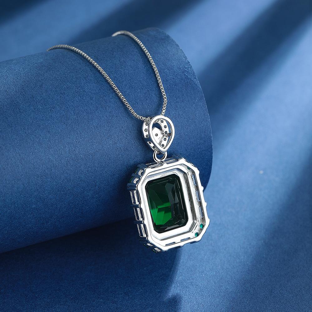 925 Sterling Silver Vintage Luxury Square Green Crystal Zircon Necklace Wedding Anniversary Birthday Anniversary Party Gift