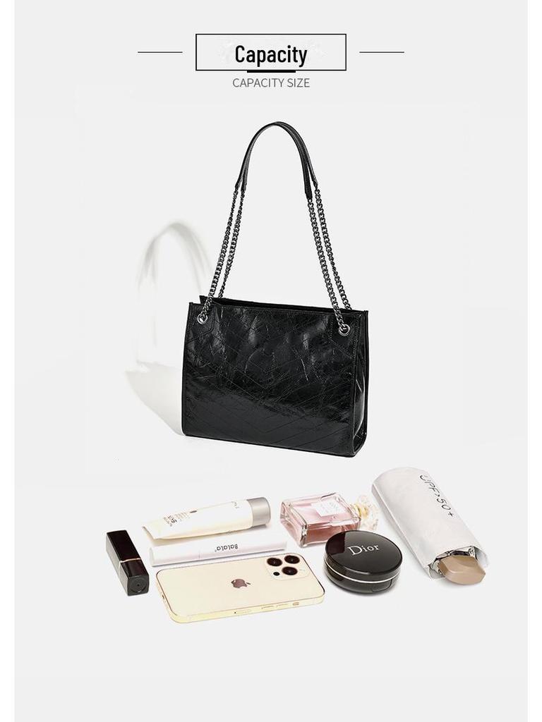 Damen 2025 Rindsleder Diamantkette Schulter Messenger Tote – Pendeltasche mit großem Fassungsvermögen
