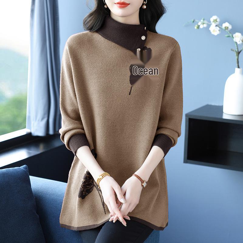 Stylish Color Block Knit Sweater: Plus Size Half-High Collar Top for Women