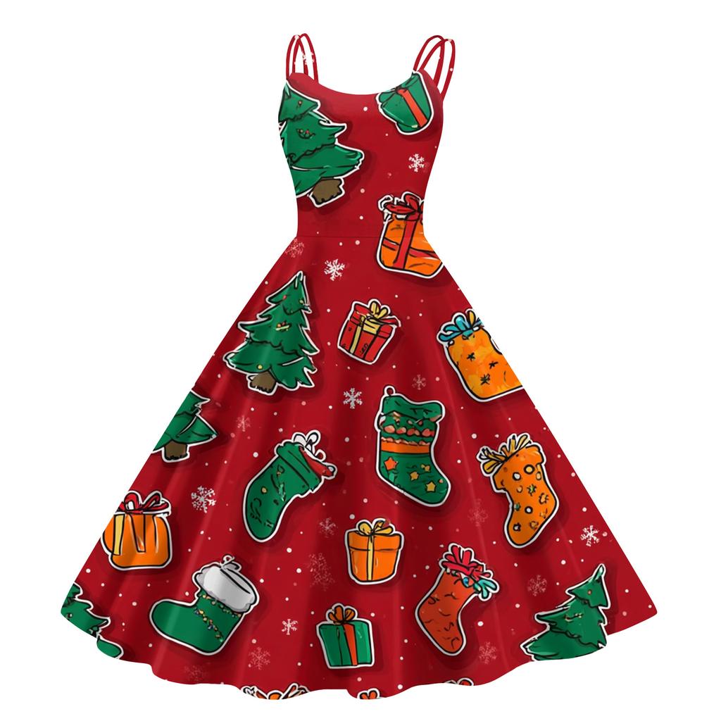 Women's Fashion Casual Christmas Print Sexy Off-the-shoulder Punk Retro Dress
