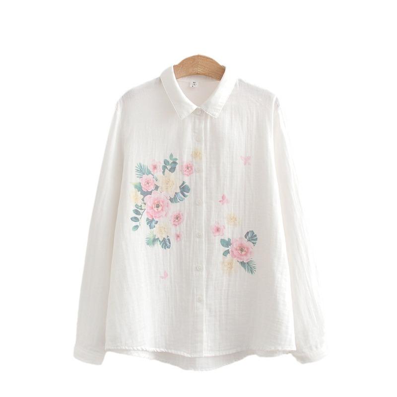Double Layer Cotton Yarn Exquisite Flower Print Long Sleeved Shirt for Women's Blouses & Shirts Artistic Spring Clothing Loose Top