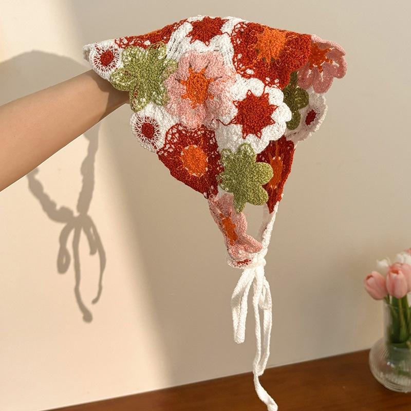 Knitted Crochet Headscarf French Pastoral Triangle Headband Handmade Soft Hair Wrapper for Beach Picnic Holiday Boho Fashion