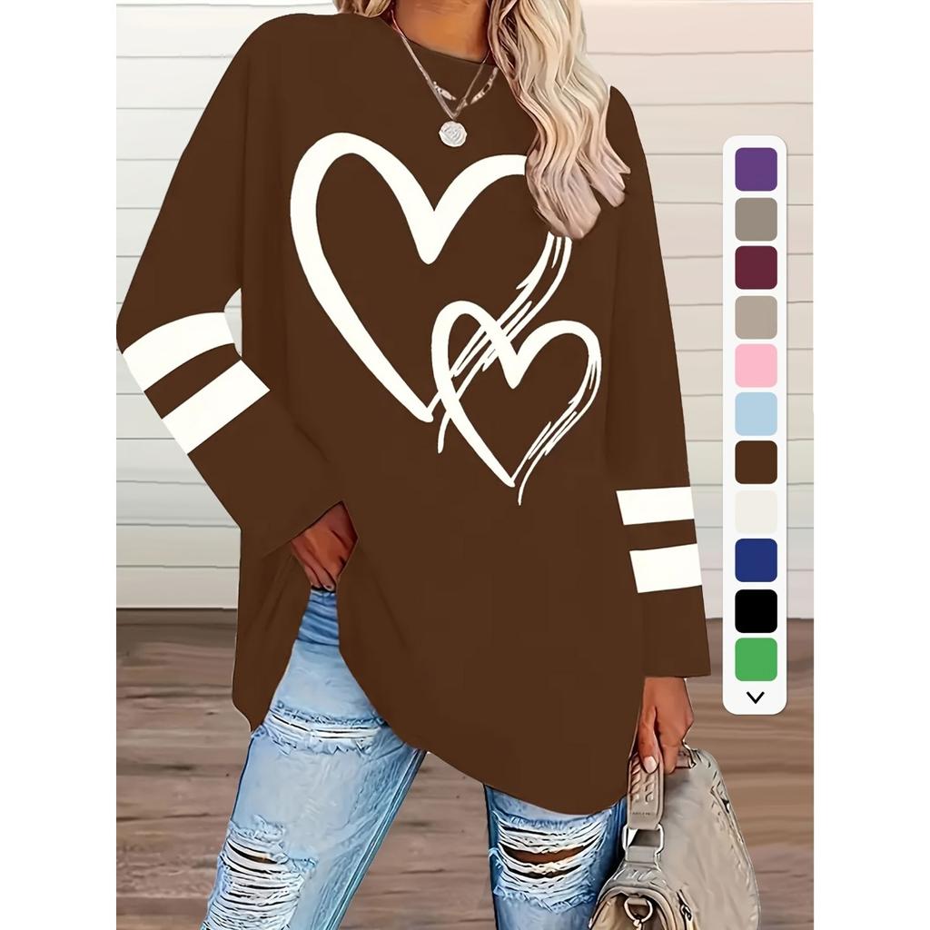 T-shirt da Donna Taglie Forti, Maglia Casual a Girocollo Manica Lunga con Stampa a Cuore, Abbigliamento da Donna Taglie Forti all'Ingrosso