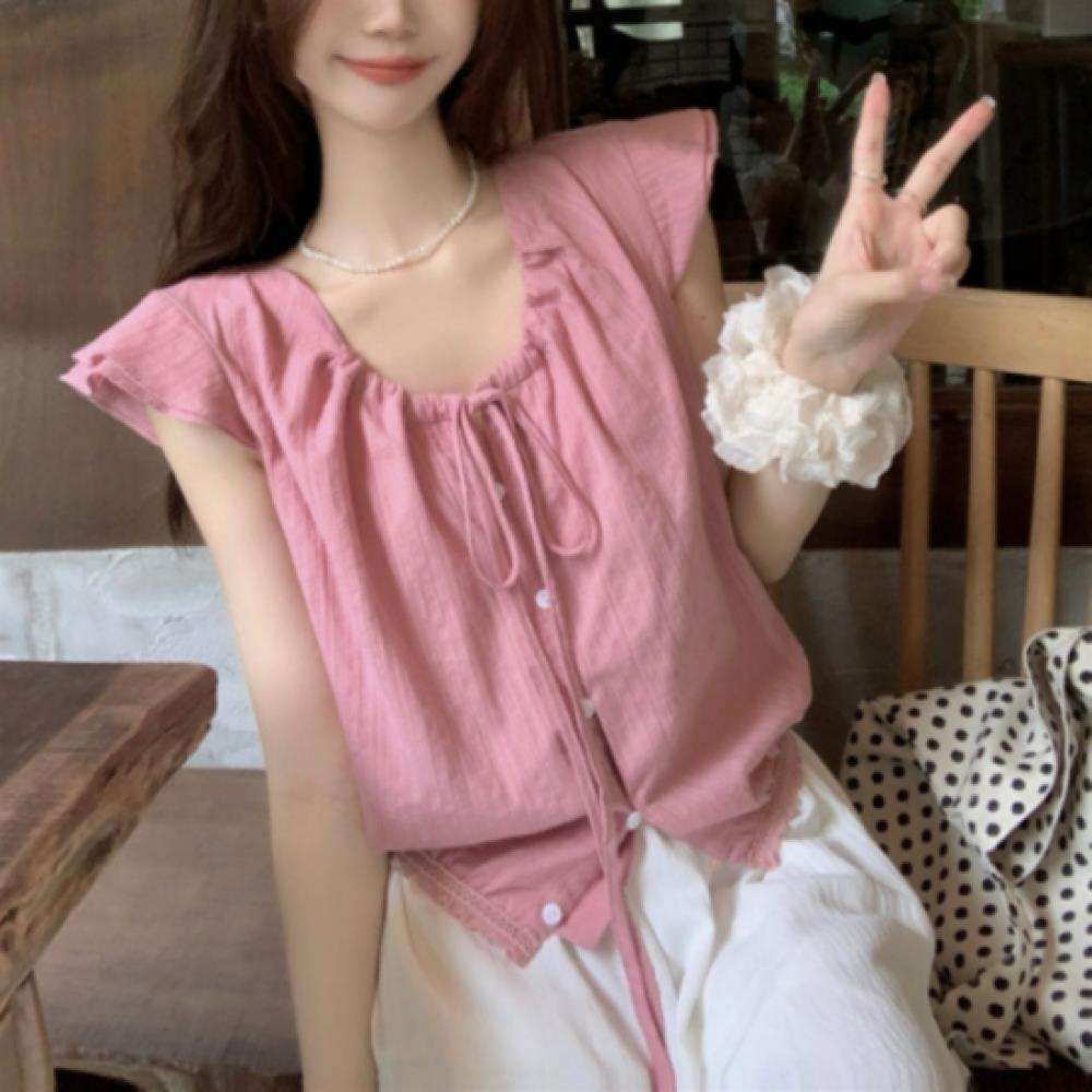 New Arrivals Open Run Women Ruffle Cap Sleeve Shirring Blouse