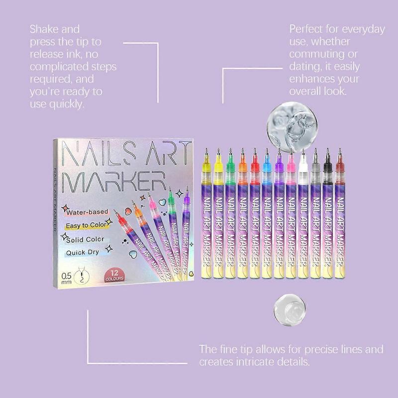 Fine Tips 3D Nail Art Pens, 12 Colors 0.5MM Nail Polish Pens Nail Point Graffiti Dotting Pen Drawing Painting Liner Brush for Home Salon