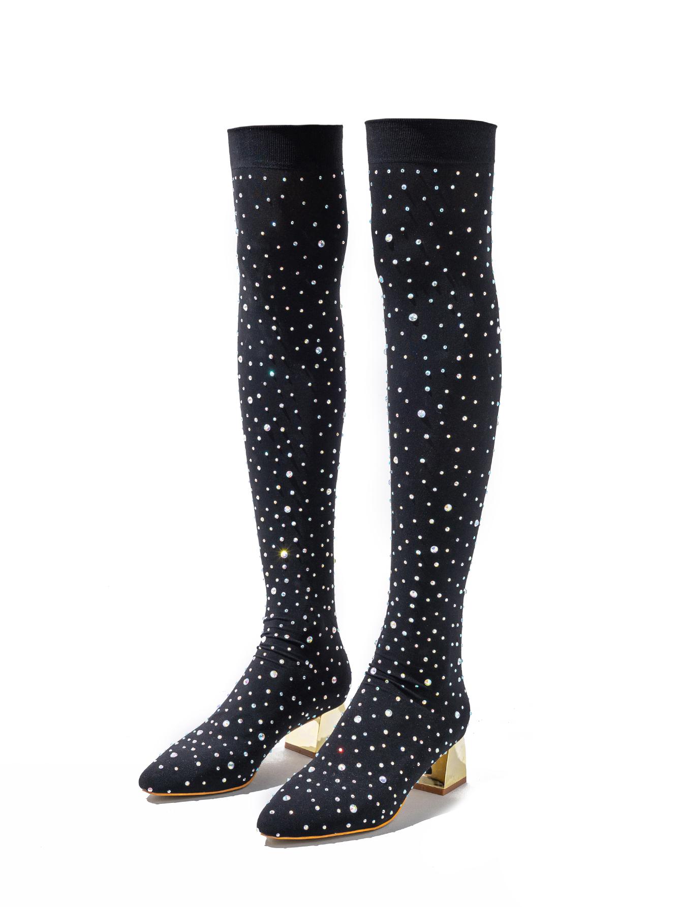 

Autumn Winter Sexy Black Elastic Boots for Women, Rhinestone Thick Heel, Nightclub Fashion Pointed Oversized Boots 42 чорний