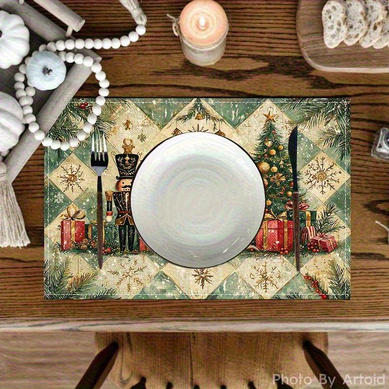 4pcs Linen Placemats Set, Christmas Tree Dancer Nutcracker Pine Branch Snowflake Design, Suitable for Kitchen Dining Table Decor, Home Party Dinner