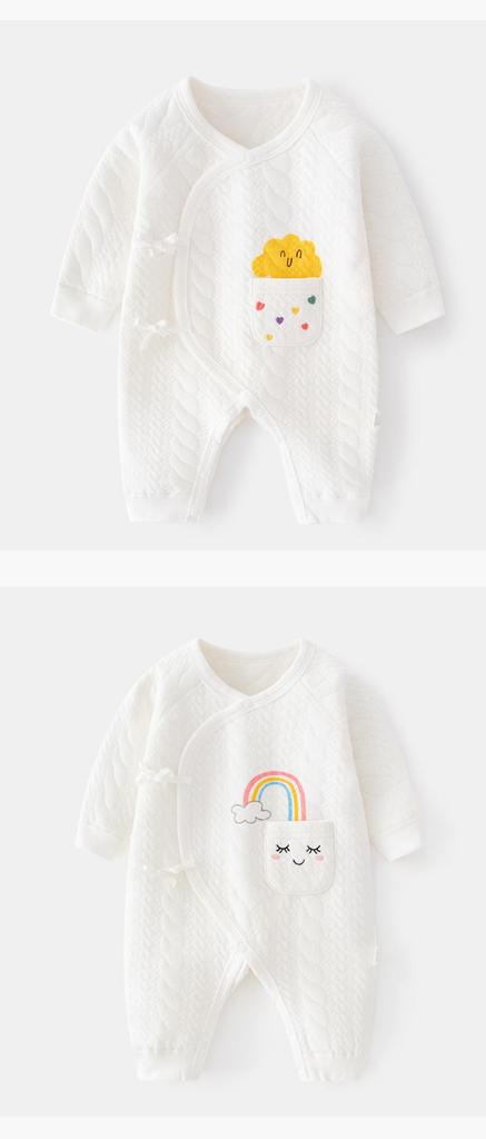 Newborn Pure Cotton Tie-Up Bodysuit: Quilted, Warm, Easy On/Off Jumpsuit for Autumn/Winter Crawling with Belly Protection.