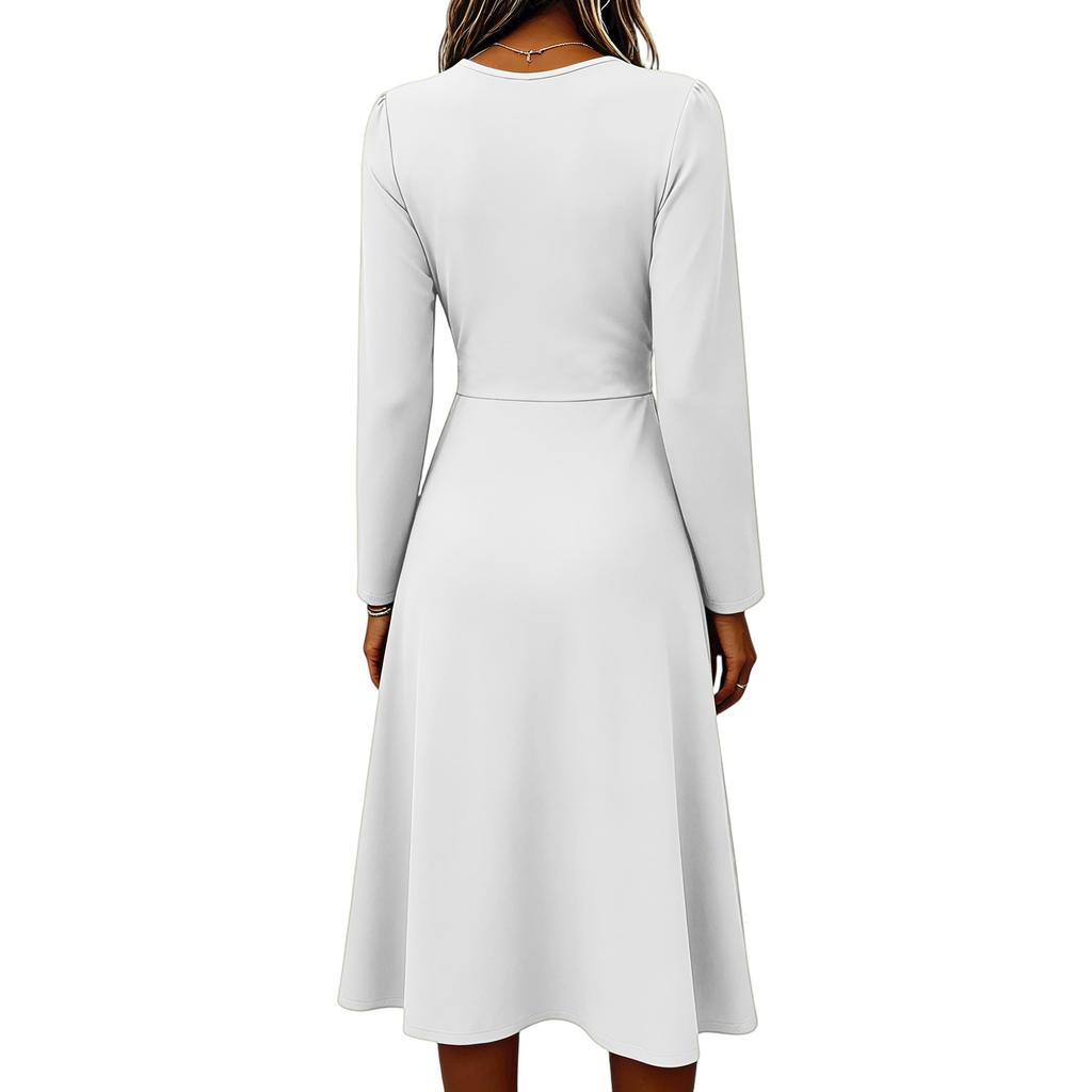 Women's Long Sleeve V Neck Midi Dress Casual Solid Color Elegant A Line Waist Pleated Design Soft Fabric Comfortable Fit