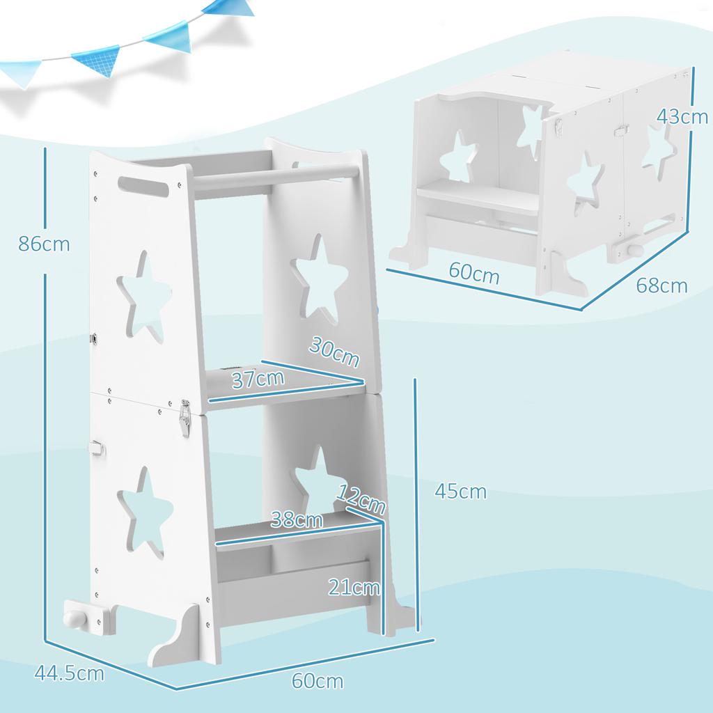 2-in-1 Toddler Step Stool with Safety Rail for Kitchen, Bathroom, White