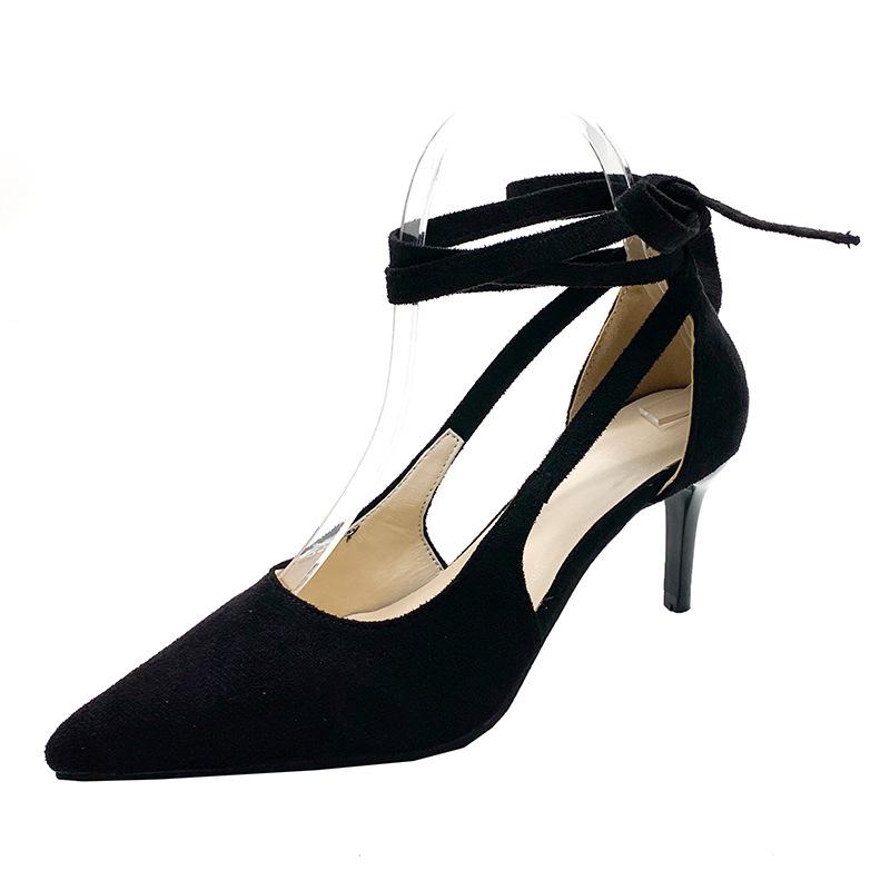 Sexy Black High Heels Women's Summer New Straps Bow Stiletto Large Size Pointed Single Shoes Women