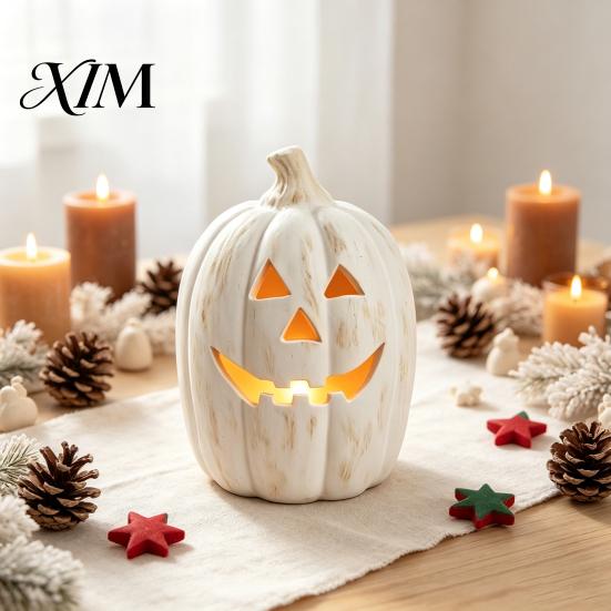 Spookachtig Seizoen Feestartikelen Halloween Pompoen Kaarsenhouder, Hars Lantaarn Theelichthouder met Feestelijke Tafeldecoraties Gesneden Gezicht voor Herfst