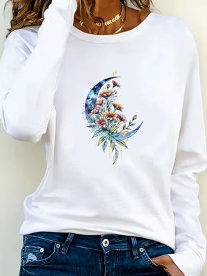 (Asian Size) Flower Sweet Trend Cute 90s Tee Lady Printed O-neck Long Sleeve T Shirt Women Female Clothing Casual Fashion Top Graphic T-shirts