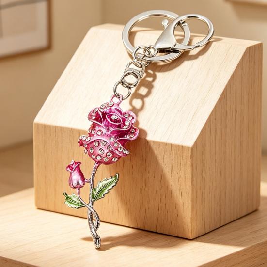 Keychain Pendant Rose Flower Shape Key Holder with Multicolor Rhinestones Anti-Oxidation Lobster Clasp Keyring Backpacks Car Accessory