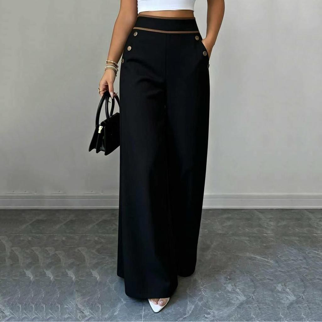 Women High Waist Wide Leg Pants Button Detail Straight Leg Casual Trousers Lightweight Loose Fit Bottoms for Everyday Wear