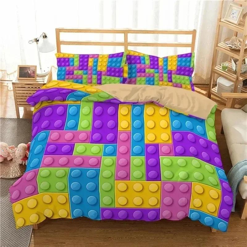 Colorful Toy King Queen Duvet Cover 3D Building Block Pattern Bedding Set Fun Brick Quilt Cover Gradient Rainbow Comforter Cover