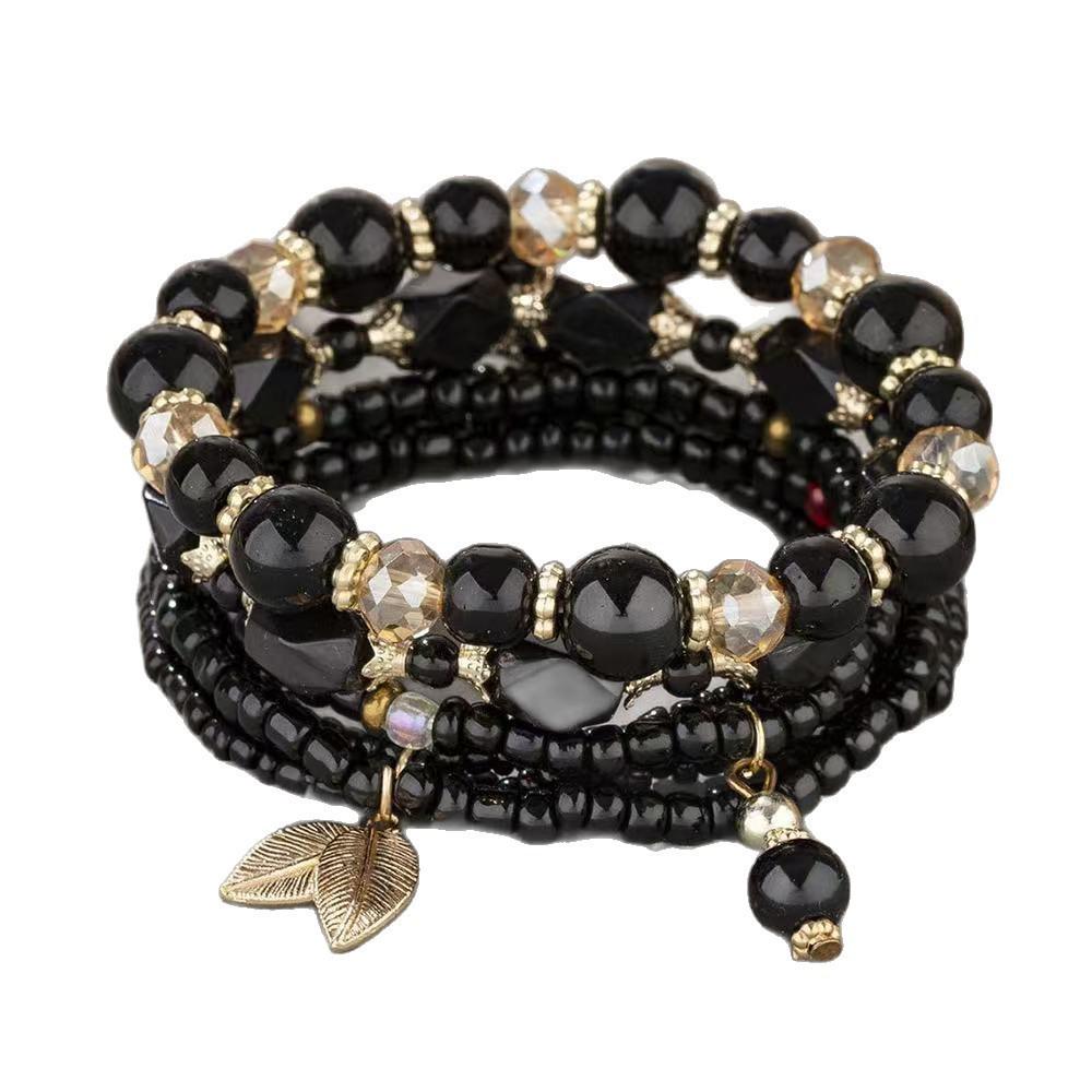 Bohemian Ethnic Layered Beaded Bracelet Set with Leaf Pendant