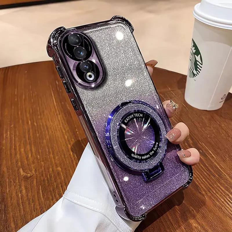Honor90 5G Case Luxury Magnetic Bracket Shockproof Cover For Huawei Honor 90 70 50 80 100 200 Pro Case with Holder Shiny Glitter