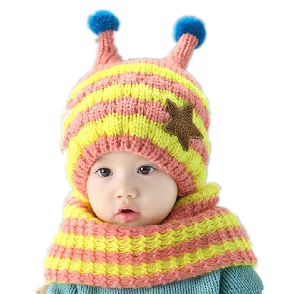 Winter Kids Hat With Plush Ear Protection Big Five-pointed Star Hat Scarf Set Striped Woolen Material Blue Yellow Orange Red Pink