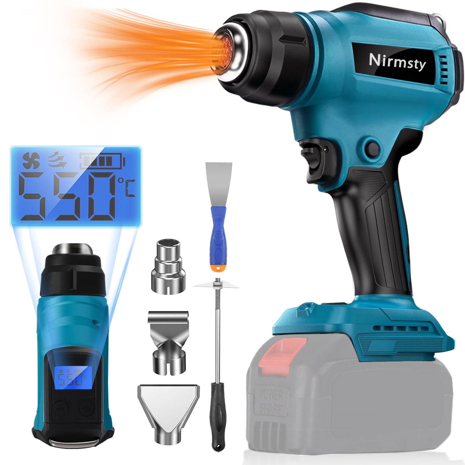 

Беспроводной Термофен Регулировка Температуры Быстрый ЖК-дисплей Совместим с Makita Включает 5 Насадок для Термофена для DIY, включая Усадку и Размягчение ПВХ синий