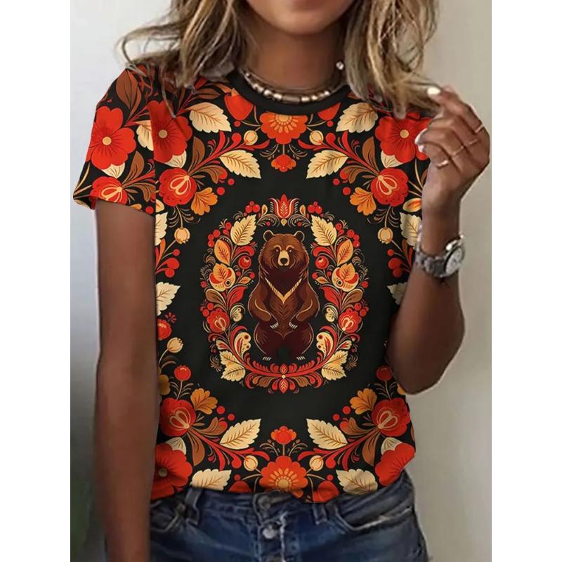Fashion Women s Crew Neck Short Sleeve 3D Color Printed Animal Short Sleeve Crew Neck T-Shirt S
