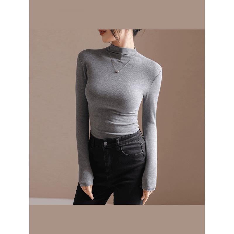 Women's Slim Fit Pleated Long-Sleeve German Velvet Turtleneck Top for Autumn/Winter