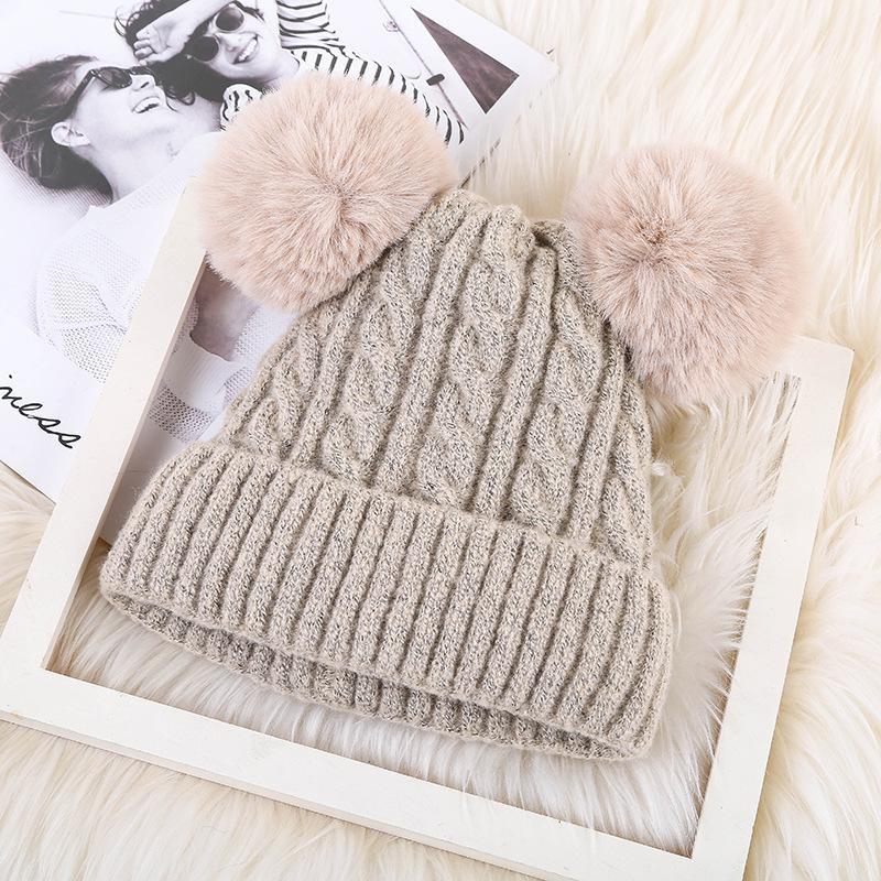 

New Winter Knitted Hat for Women Thickened Plush Double Fur Ball Pullover Hat for Adults Warm and Cute Woolen Hat for Men 56CM-58CM