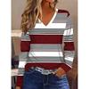 Ladies' Striped Pattern Printed V-neck Long Sleeved T-shirt, Fashionable Casual Top, Pullover Clothing
