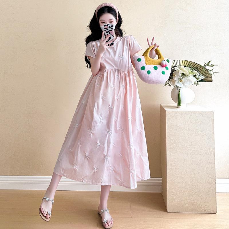 Elegant 2026 Summer Maternity Dress: Comfortable Korean-Style with Sweet Bow and Embroidery XL розовый