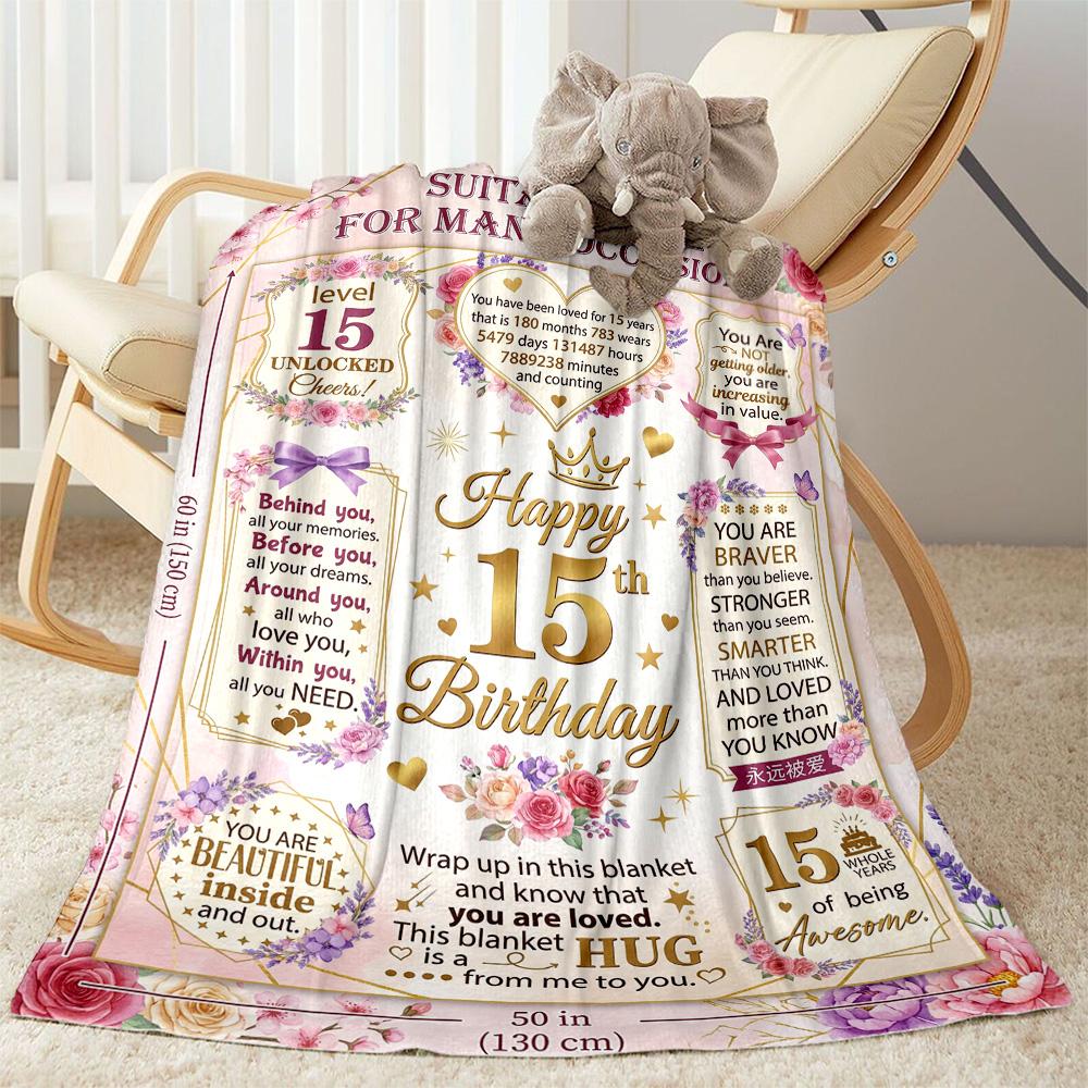 15th Birthday Celebration Flannel Blanket-Soft and Suitable for Sofas,Beds,Offices,Travel,All Seasons,Great Gift for Holidays and Birthdays.