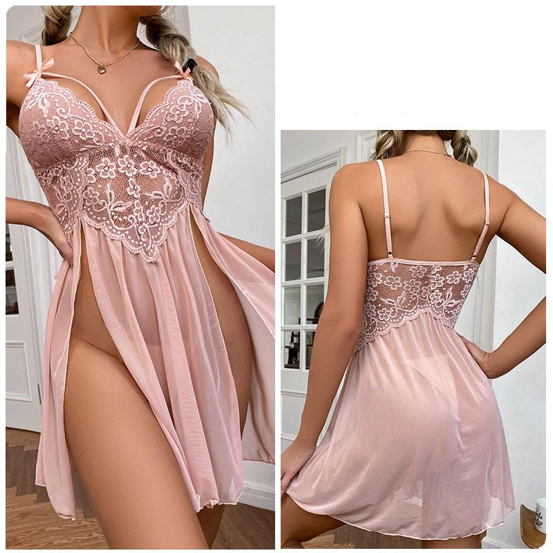 Ladies Summer Sexy Mesh See-through Lace Embroidered Sling Pajamas