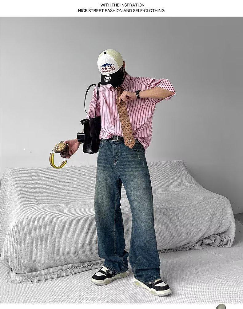 Men's Retro Washed Distressed Jeans, Korean Trendy High-Street Loose Straight Casual Trousers