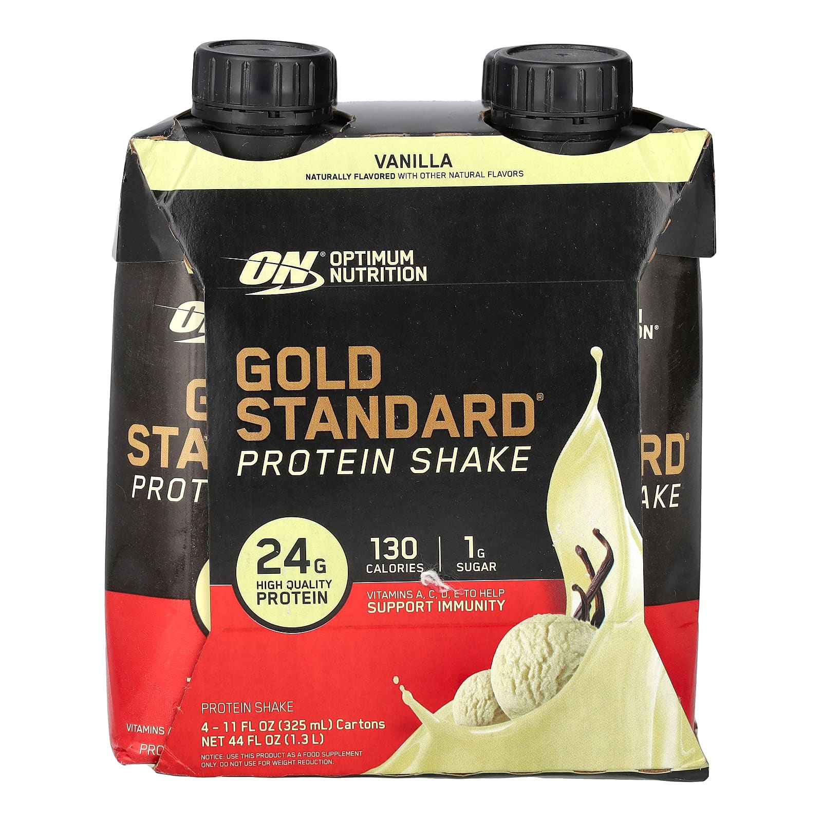 

Optimum Nutrition, Gold Standard Protein Shake, Vanilla, 4 Packs, 11 fl oz (325 ml) Each