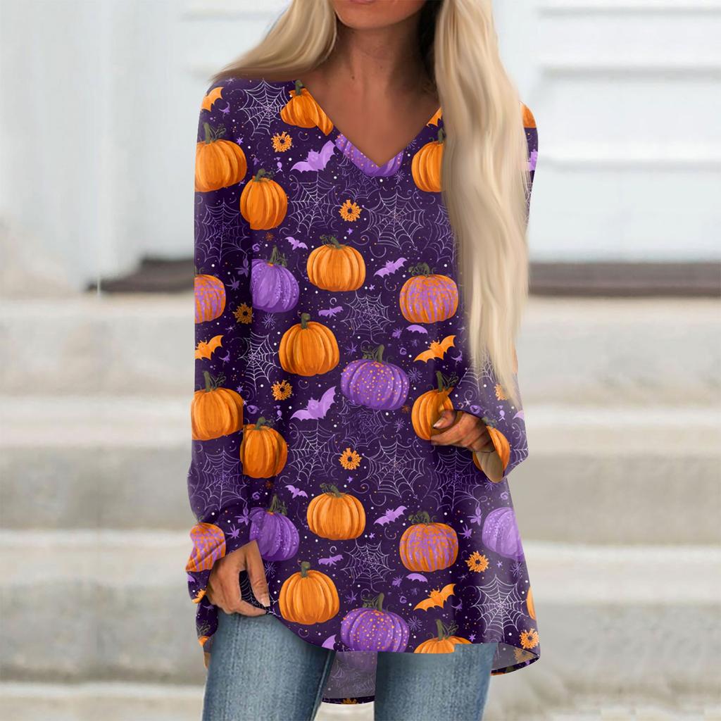 Ladies' Fashionable And Casual Halloween Printed T-shirt Long Sleeved V-neck Mid Length Top