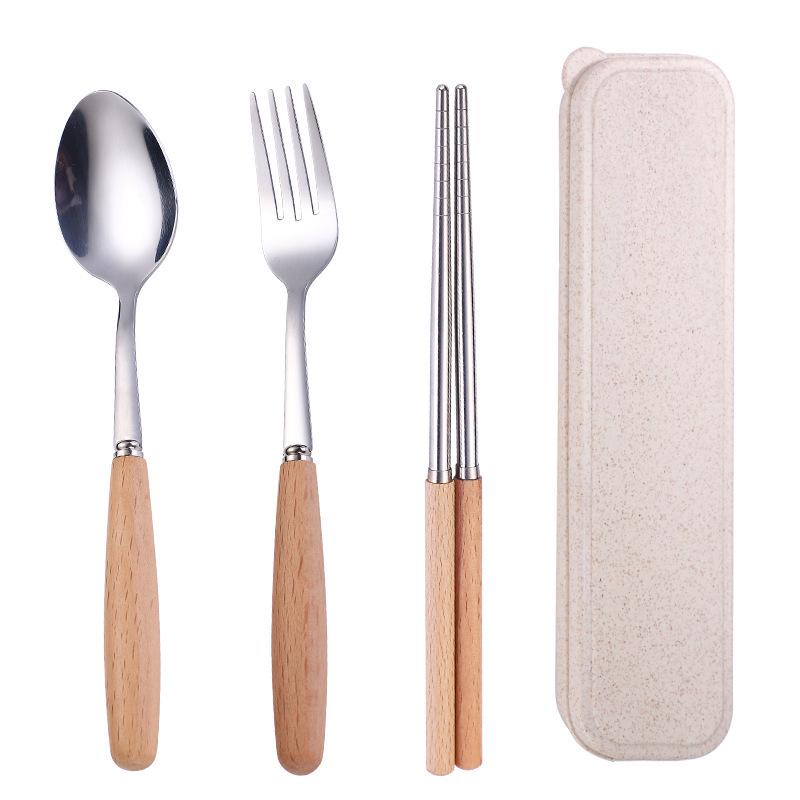 Stainless Steel Cutlery Set with Wooden Handles - Includes Chopsticks, Fork & Spoon for Students and Outdoor Travel.