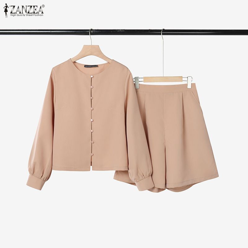 ZANZEA Damen Langarmbluse und Shorts Sommer Zweiteilige Anzugsets