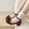 Fashion Vintage Cute Bow French Block Heel Shallow Single Shoes Summer Fashion Round Toe One Strap Versatile Non-Slip Mary Jane Shoes