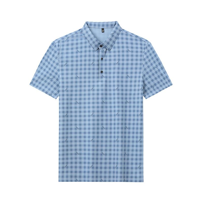 Summer Printed Ice Silk Plaid Traceless T-Shirt Polo Shirt Short Sleeve Men'S Lapel Casual Breathable Top