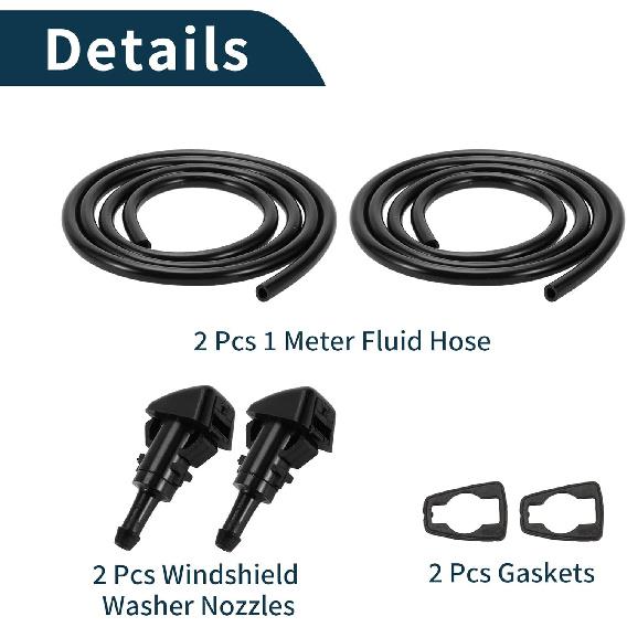 Windshield Washer Nozzle for Jeep Patriot 2009-2017 No.5303834AB Front Black with 2 Pcs Gasket,2 Pcs 1 Meter Fluid Hose 1 Set