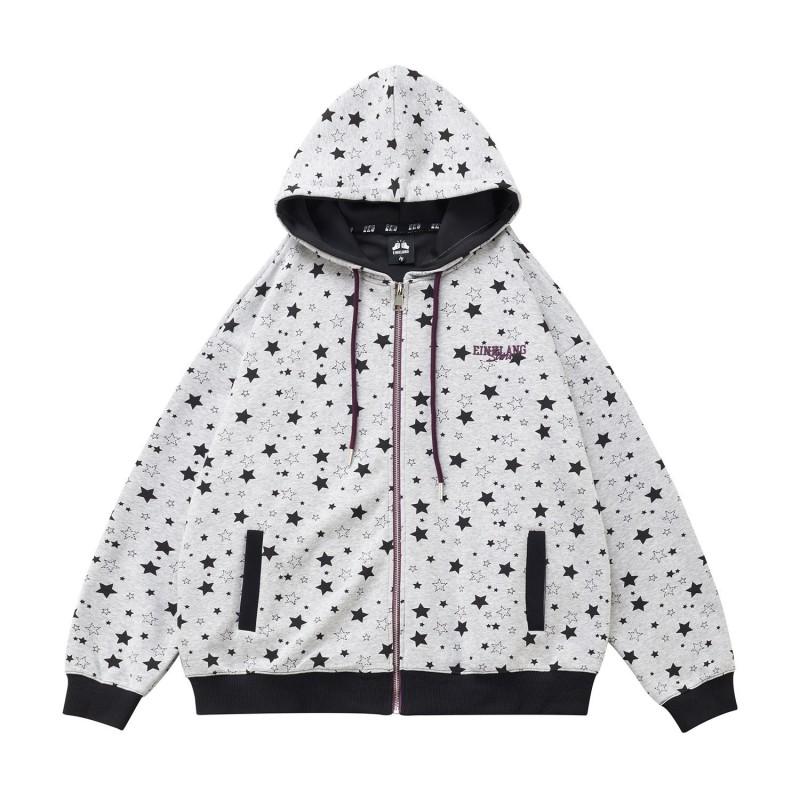 Womens Vintage Star Print Gray Zip-Up Hoodie Loose Casual Sweatshirt