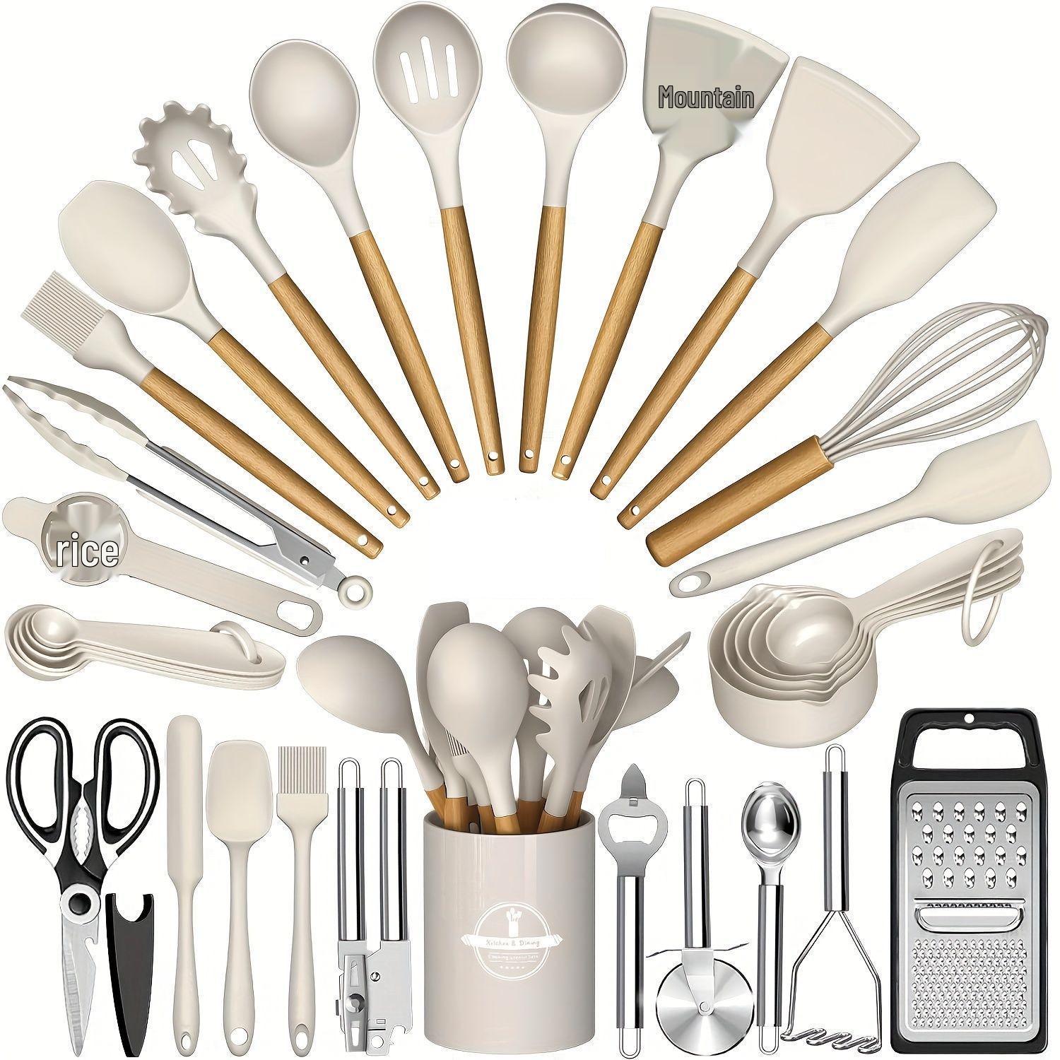 

44-Piece Silicone Kitchen Utensil Set with Wooden Handles & Storage Bucket
