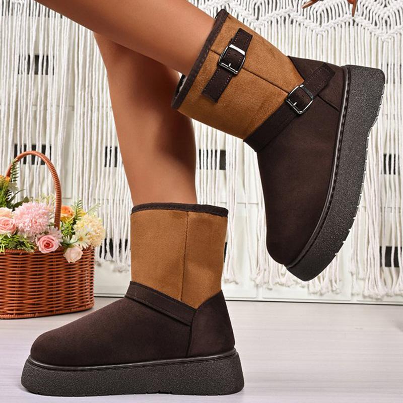 Fashion Vintage Buckle Detor Snow Boots Women Winter Mix Color Faux Suede Snow Boots Woman Short Plush Platform Warm Booties Female