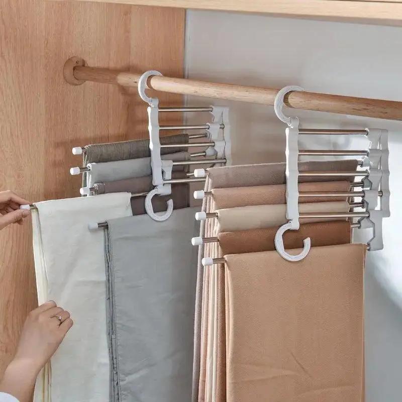 Étagère à Pantalons Pliante Rétractable Multi-couches Portants à Pantalons Armoire Vestiaire Acier Inoxydable Cintre de Rangement pour Vêtements Gain de Place