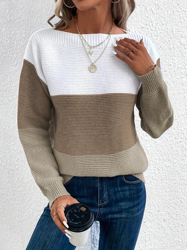 Autumn and winter crew neck splicing versatile striped sweater women's lazy style top loose large size pullover knitted sweater