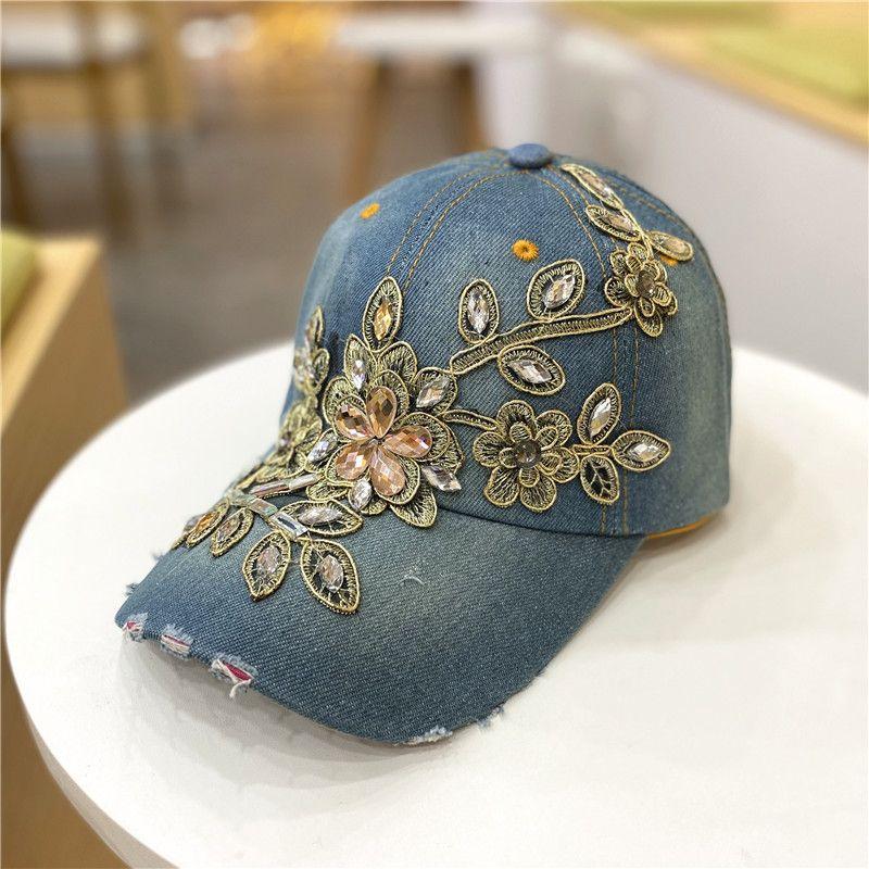 

Летняя шляпа с бриллиантовыми заклепками, джинсовая шляпа с цветочным принтом, бейсболка, универсальная женская шляпа-утконос, солнцезащитная шляпа и козырек от солнца M（56-58cm）