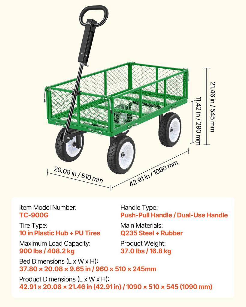 Garden Cart, 408.2 kg, Heavy Duty Steel Yard and Garden Utility Wagon with 10-Inch Tires, Outdoor Gardening Stool with Adjustable Handle, Detachable