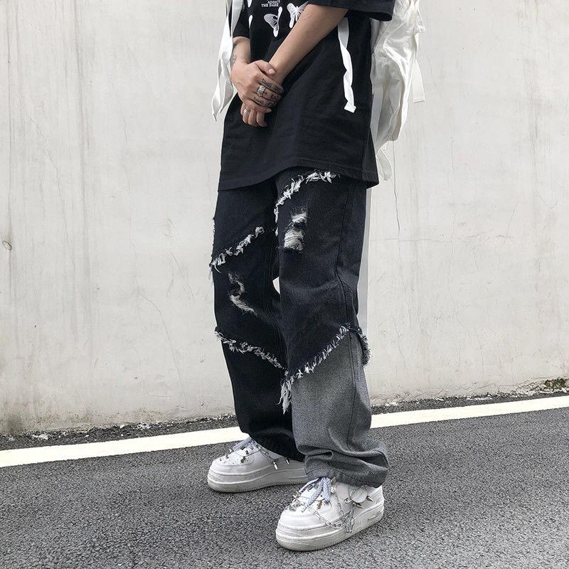 Jeans da uomo gotici Hippie Autunno Inverno Jeans patchwork neri Pantaloni grunge estetici a vita alta Streetwear